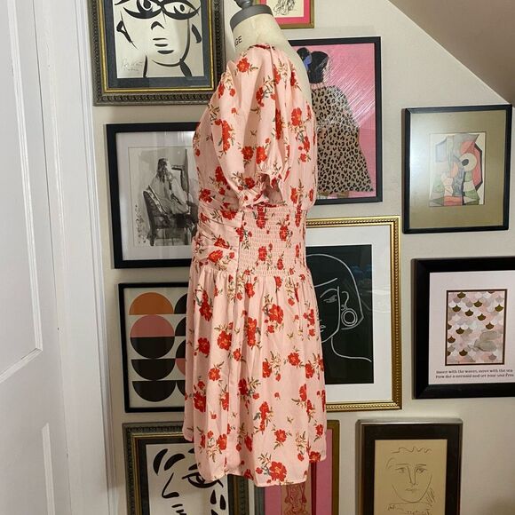 Collective Concepts Womens Size Large Smocked Mini Dress Pink Floral Puff Sleeve - Picture 4 of 8